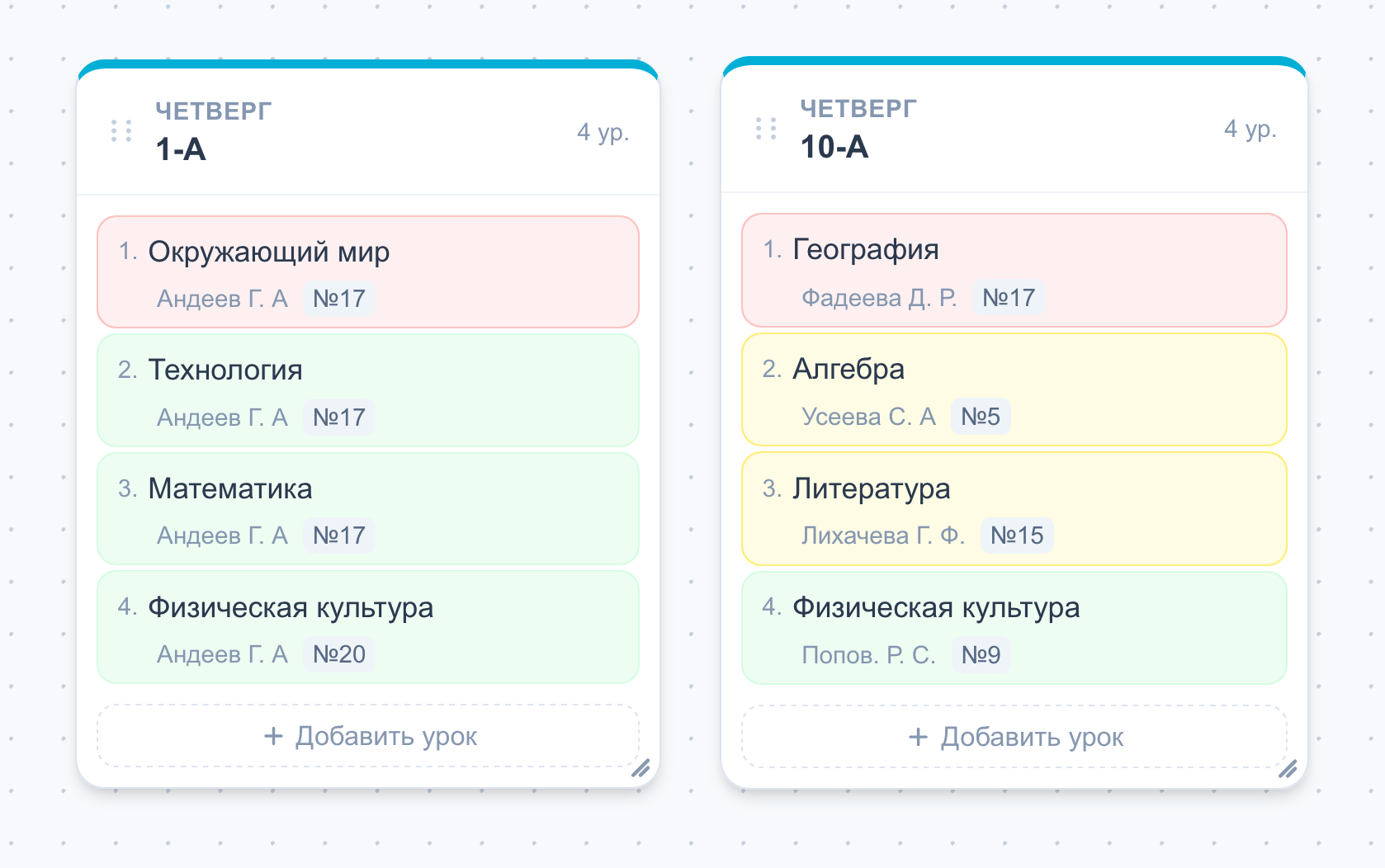 Вид блоков расписаний с нарушениями